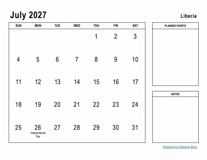 July 2027 Printable Monthly Calendar with Liberia Holidays