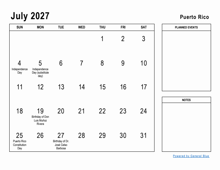 July 2027 Printable Monthly Calendar with Puerto Rico Holidays