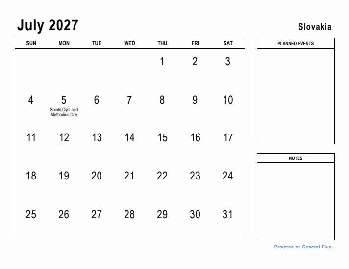 July 2027 Printable Monthly Calendar with Slovakia Holidays
