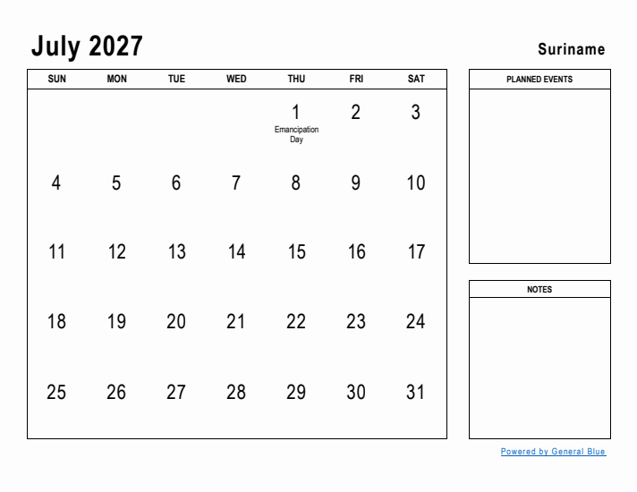 July 2027 Printable Monthly Calendar with Suriname Holidays