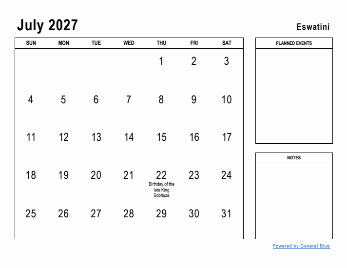 July 2027 Printable Monthly Calendar with Eswatini Holidays
