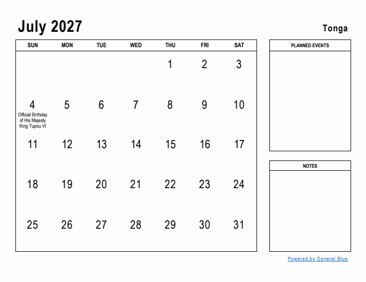 July 2027 Printable Monthly Calendar with Tonga Holidays