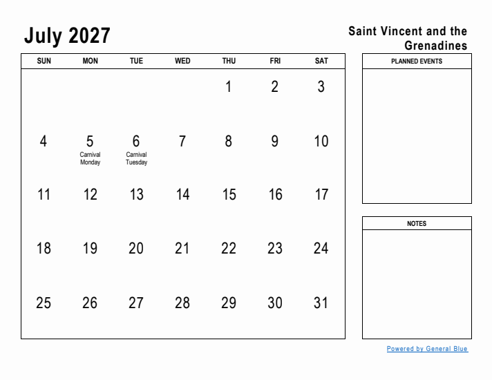 July 2027 Printable Monthly Calendar with Saint Vincent and the Grenadines Holidays