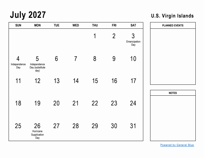 July 2027 Printable Monthly Calendar with U.S. Virgin Islands Holidays
