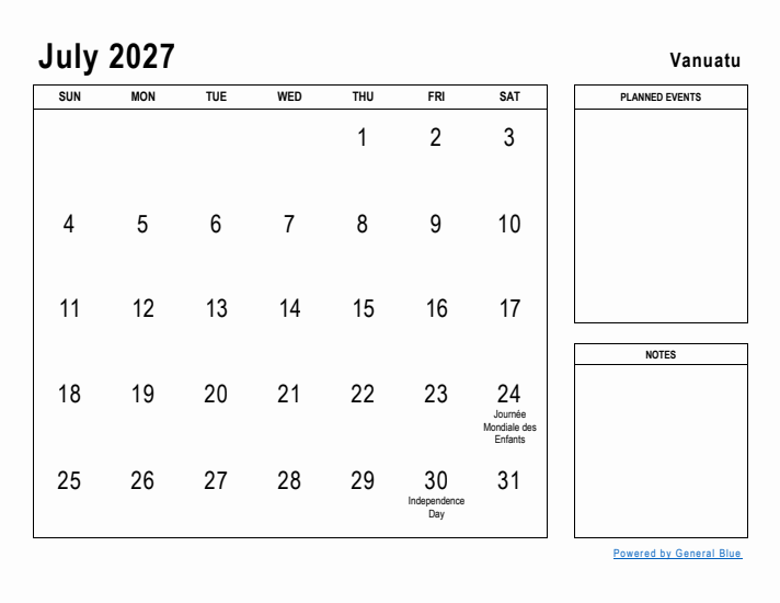 July 2027 Printable Monthly Calendar with Vanuatu Holidays