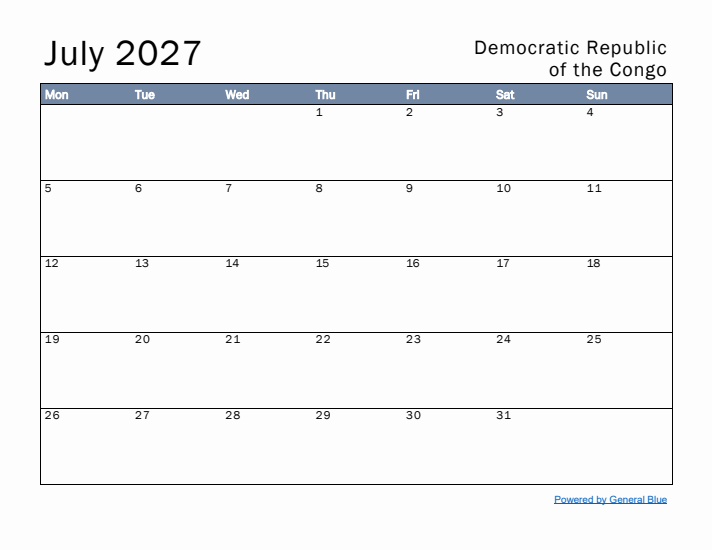 July 2027 Simple Monthly Calendar for Democratic Republic of the Congo