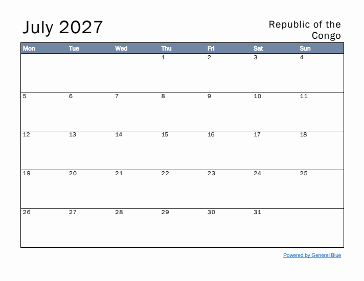 July 2027 Simple Monthly Calendar for Republic of the Congo
