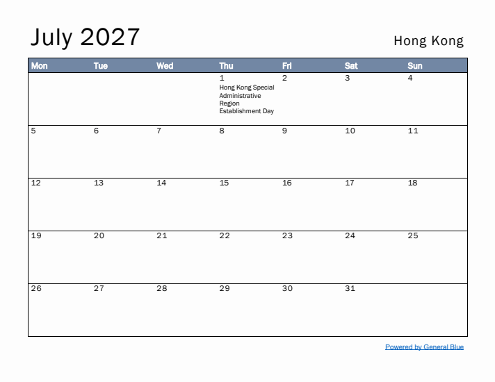 July 2027 Simple Monthly Calendar for Hong Kong