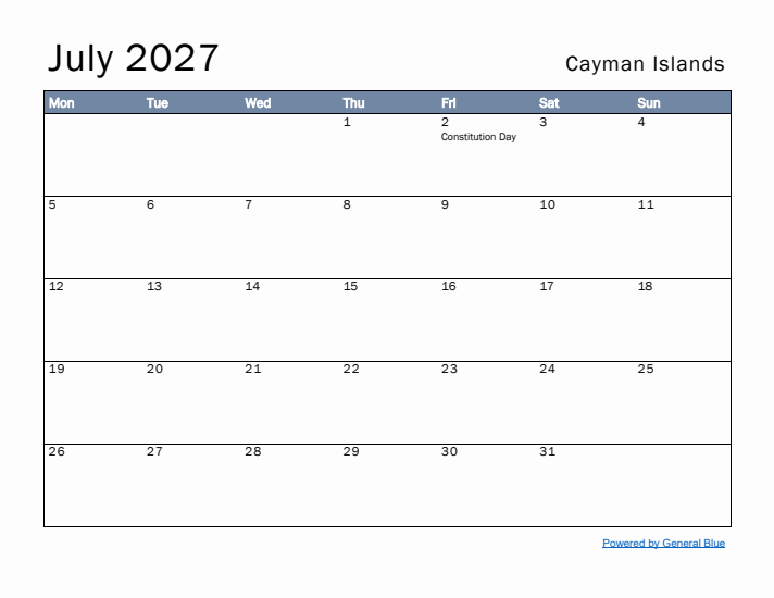 July 2027 Simple Monthly Calendar for Cayman Islands