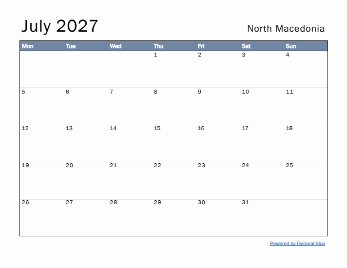 July 2027 Simple Monthly Calendar for North Macedonia