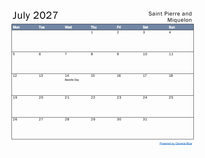 July 2027 Simple Monthly Calendar for Saint Pierre and Miquelon
