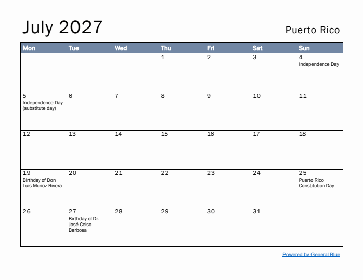 July 2027 Simple Monthly Calendar for Puerto Rico