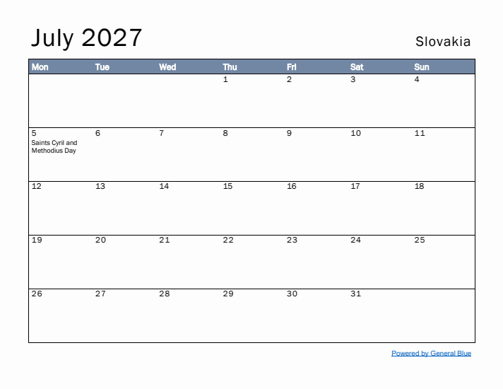 July 2027 Simple Monthly Calendar for Slovakia