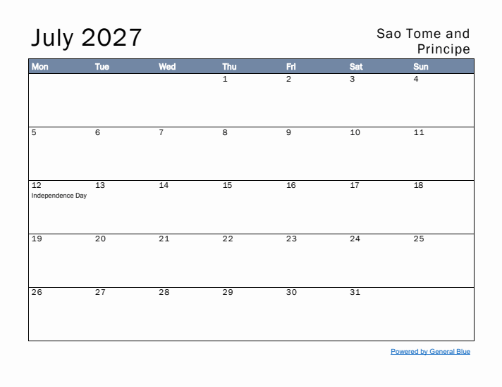 July 2027 Simple Monthly Calendar for Sao Tome and Principe