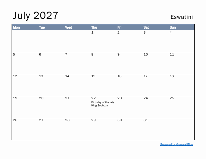 July 2027 Simple Monthly Calendar for Eswatini