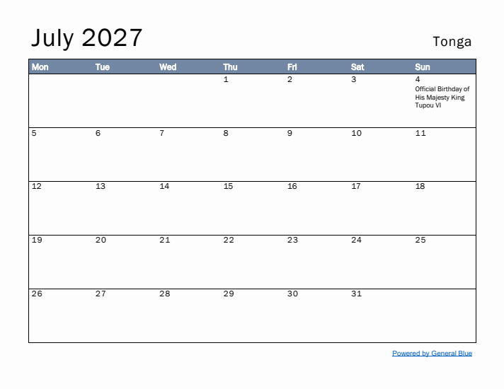 July 2027 Simple Monthly Calendar for Tonga