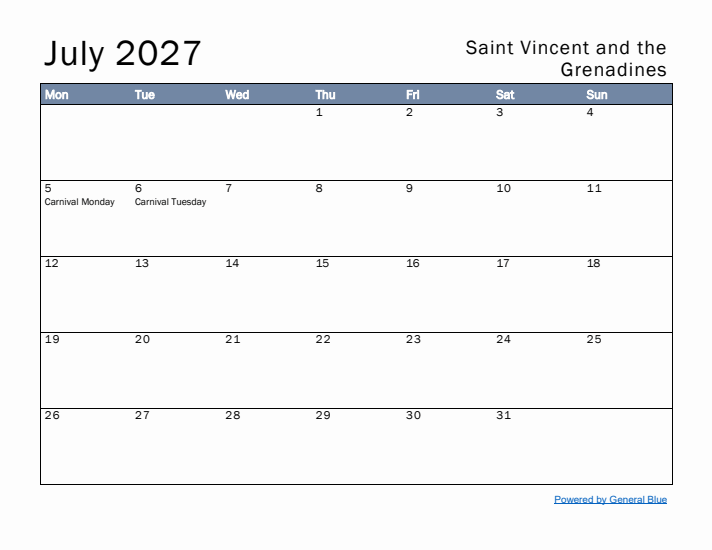July 2027 Simple Monthly Calendar for Saint Vincent and the Grenadines