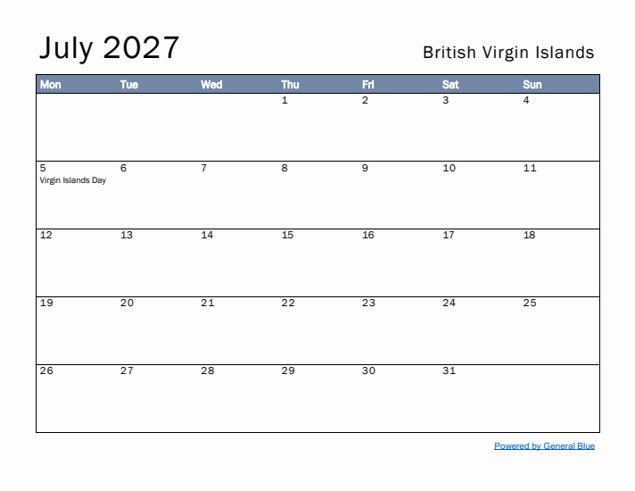 July 2027 Simple Monthly Calendar for British Virgin Islands