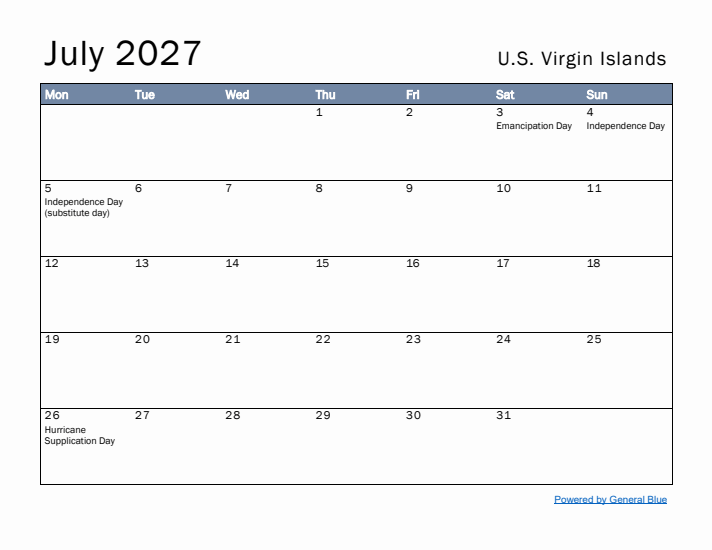 July 2027 Simple Monthly Calendar for U.S. Virgin Islands