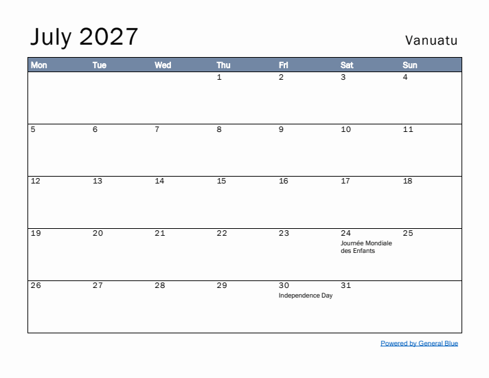 July 2027 Simple Monthly Calendar for Vanuatu