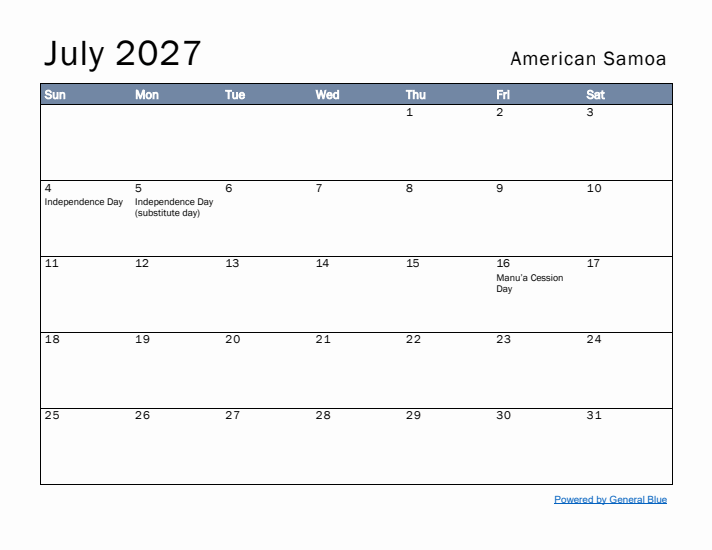 July 2027 Simple Monthly Calendar for American Samoa