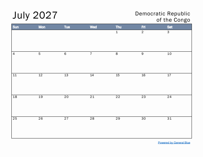 July 2027 Simple Monthly Calendar for Democratic Republic of the Congo