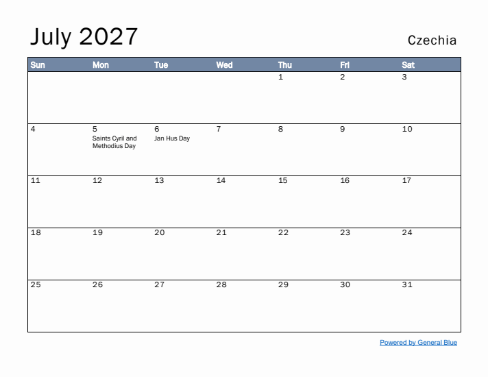 July 2027 Simple Monthly Calendar for Czechia