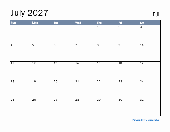 July 2027 Simple Monthly Calendar for Fiji