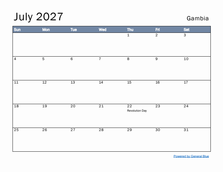 July 2027 Simple Monthly Calendar for Gambia