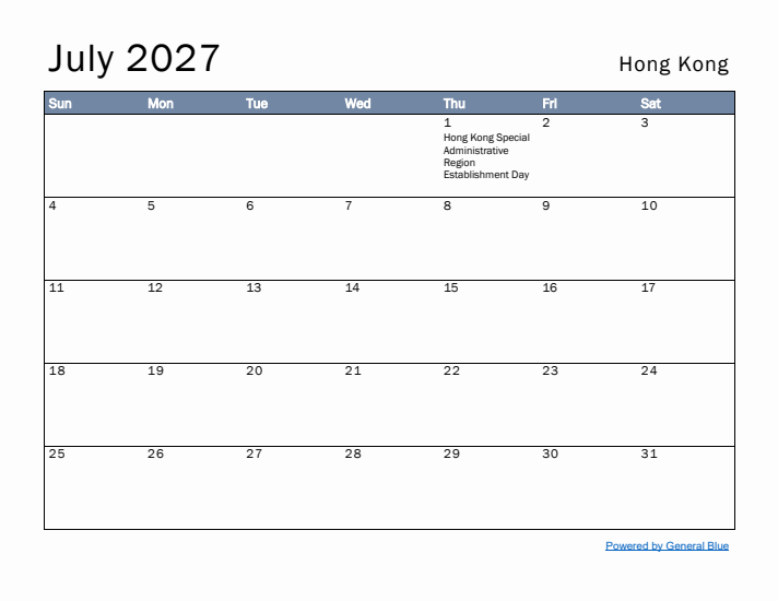 July 2027 Simple Monthly Calendar for Hong Kong