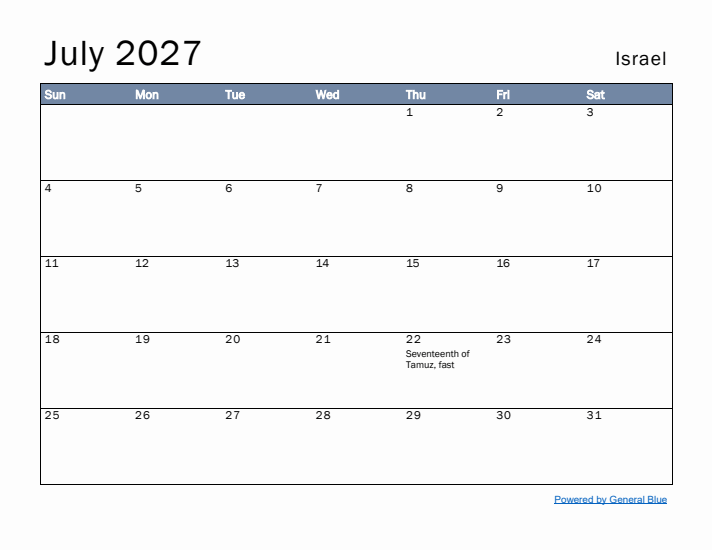 July 2027 Simple Monthly Calendar for Israel