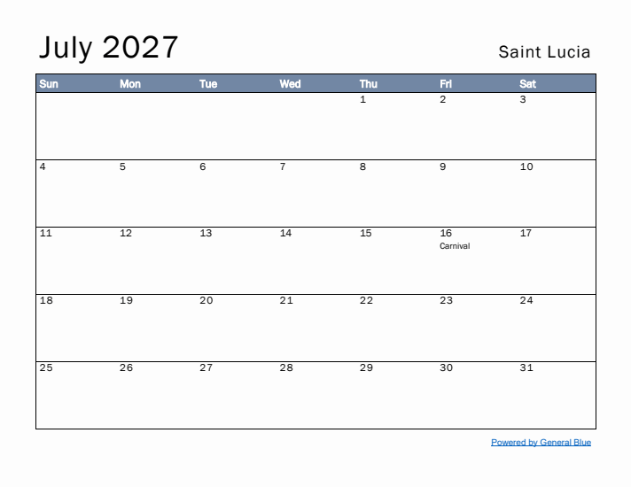 July 2027 Simple Monthly Calendar for Saint Lucia