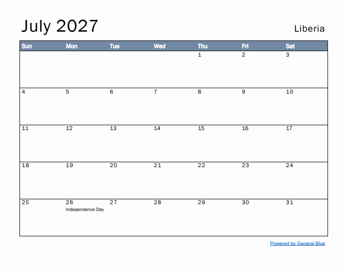 July 2027 Simple Monthly Calendar for Liberia