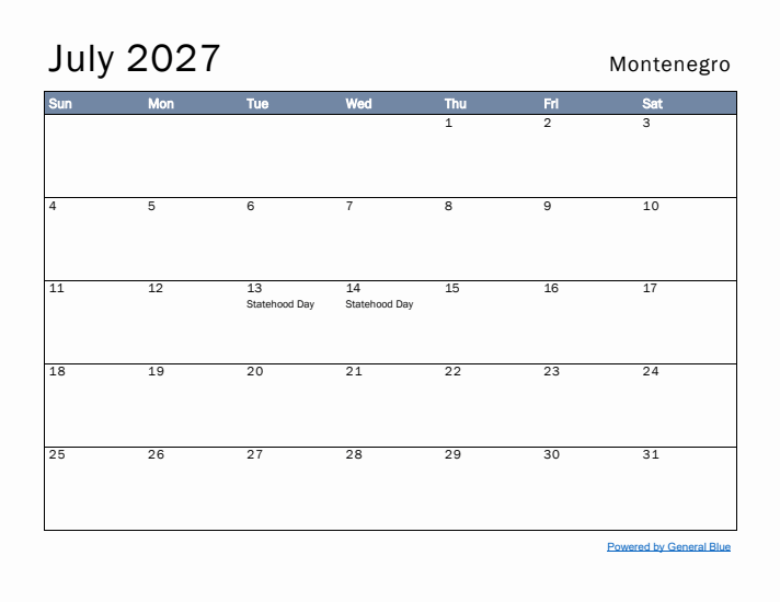 July 2027 Simple Monthly Calendar for Montenegro