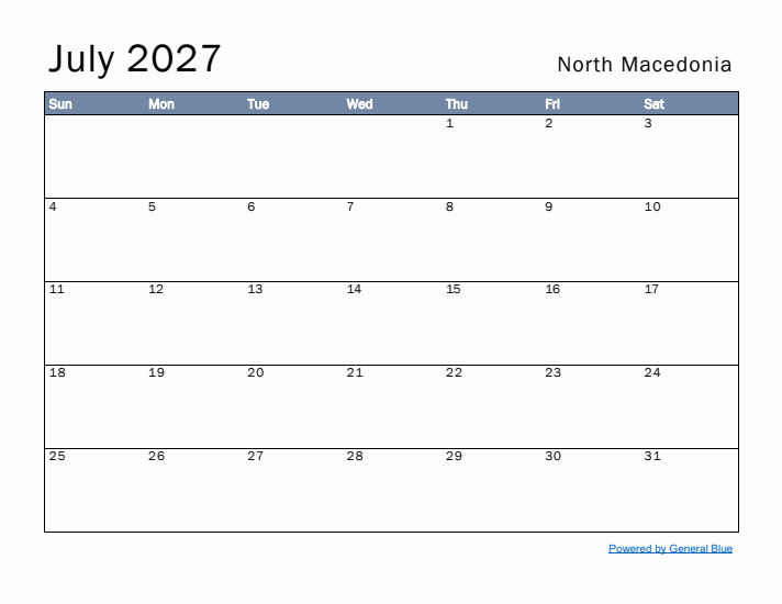July 2027 Simple Monthly Calendar for North Macedonia