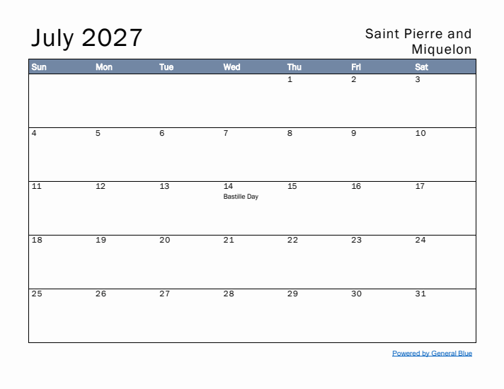 July 2027 Simple Monthly Calendar for Saint Pierre and Miquelon