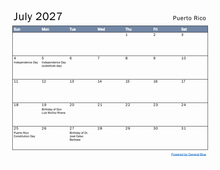 July 2027 Simple Monthly Calendar for Puerto Rico