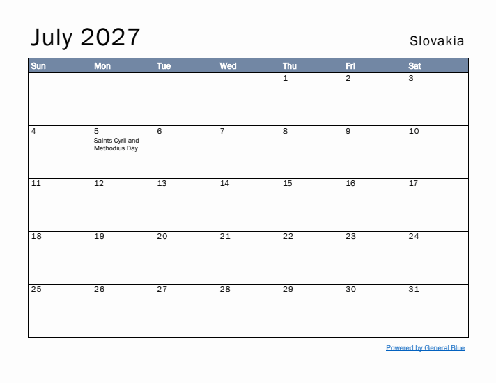 July 2027 Simple Monthly Calendar for Slovakia