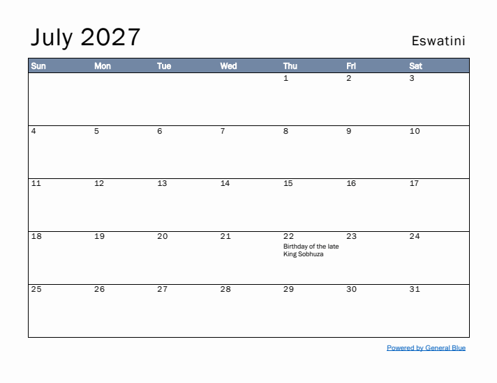 July 2027 Simple Monthly Calendar for Eswatini