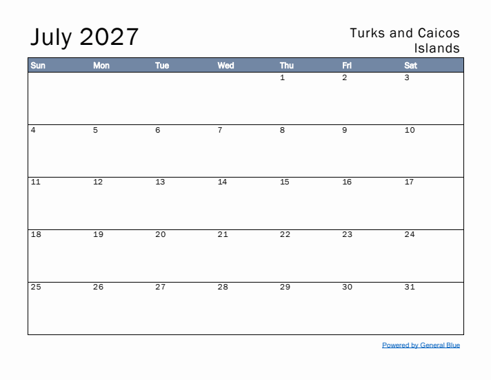 July 2027 Simple Monthly Calendar for Turks and Caicos Islands