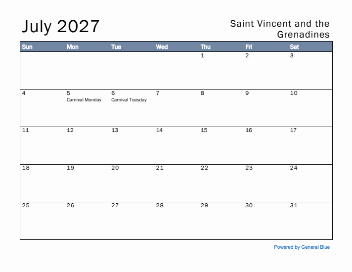 July 2027 Simple Monthly Calendar for Saint Vincent and the Grenadines
