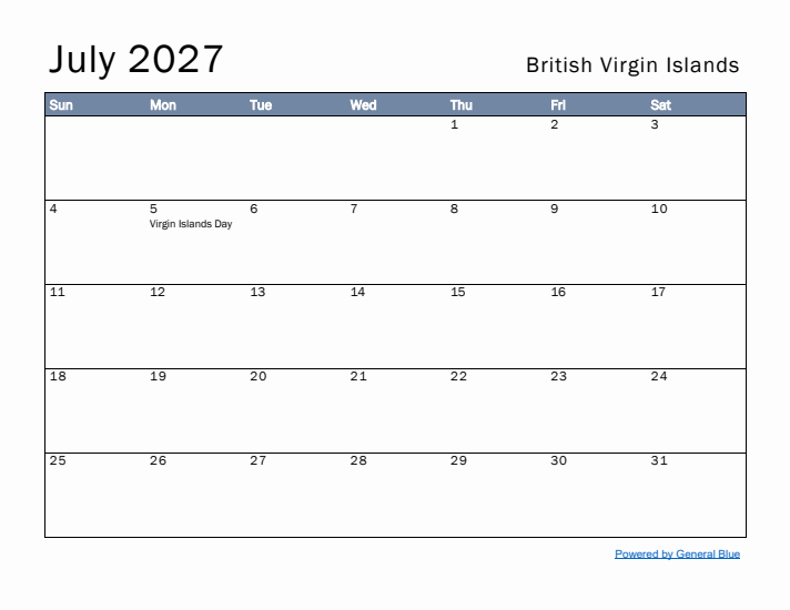 July 2027 Simple Monthly Calendar for British Virgin Islands