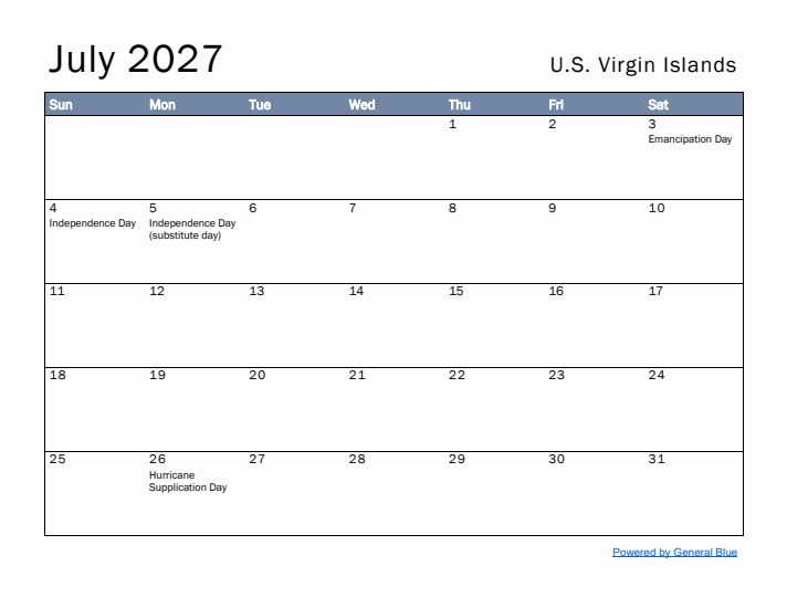 July 2027 Simple Monthly Calendar for U.S. Virgin Islands