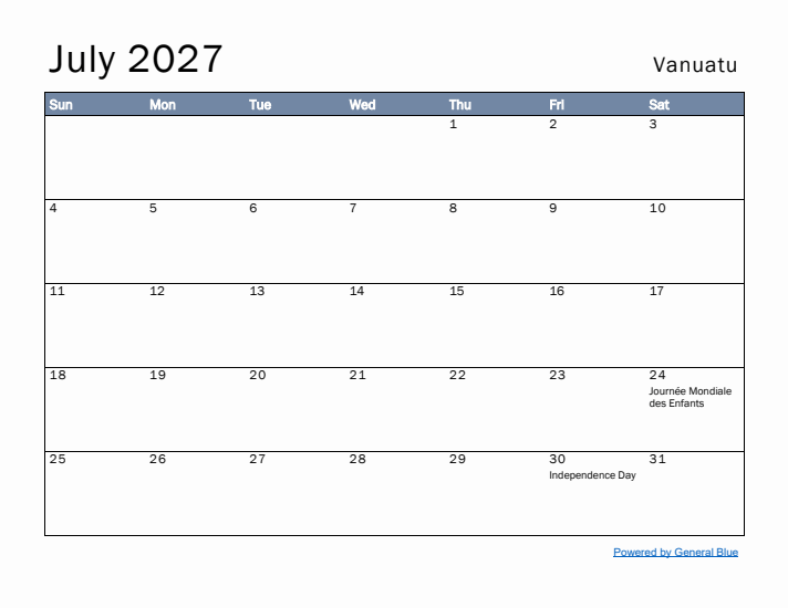 July 2027 Simple Monthly Calendar for Vanuatu