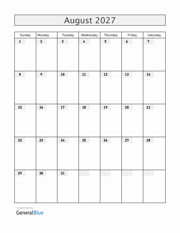 Blank August 2027 Calendar