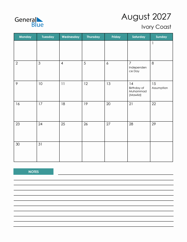 Calendar with Notes Printable - Monday Start