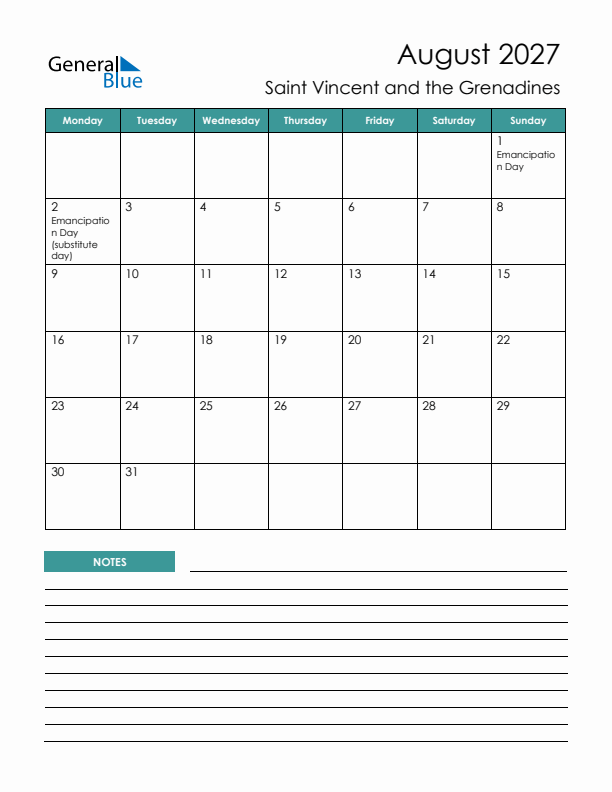 Calendar with Notes Printable - Monday Start