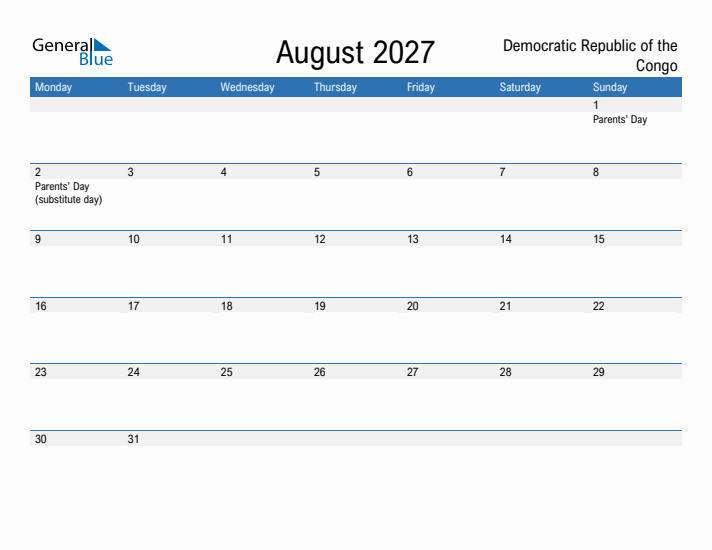 Fillable August 2027 Calendar