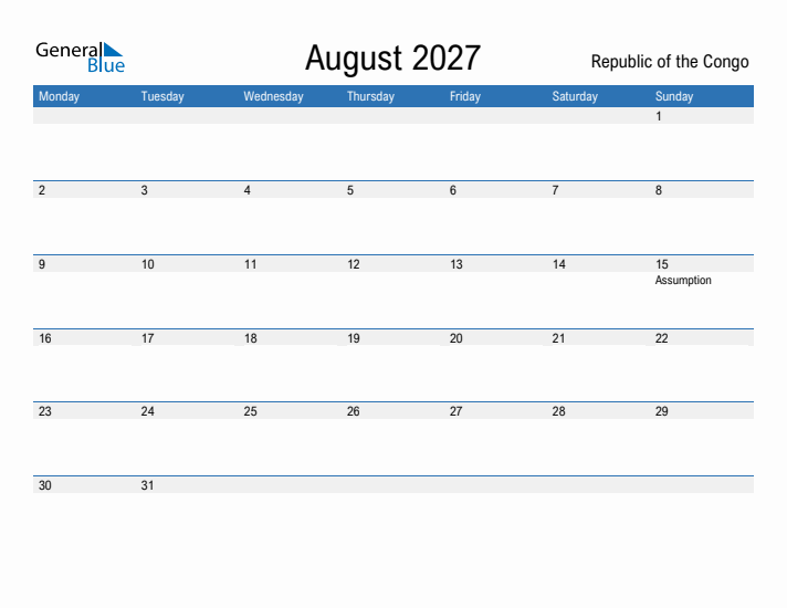 Fillable August 2027 Calendar