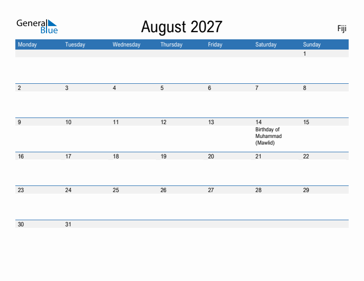 Fillable August 2027 Calendar
